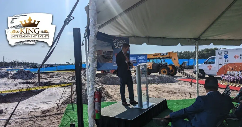 HCA Florida groundbreaking ceremony with outdoor AV and podium sound support in Orlando