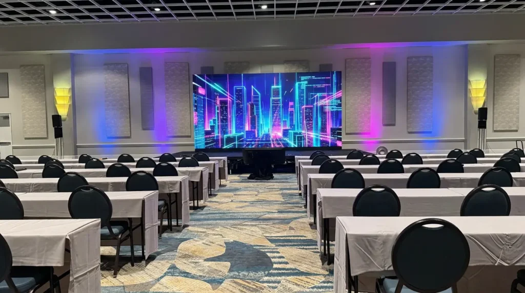LED video wall setup in an Orlando conference room with classroom seating
