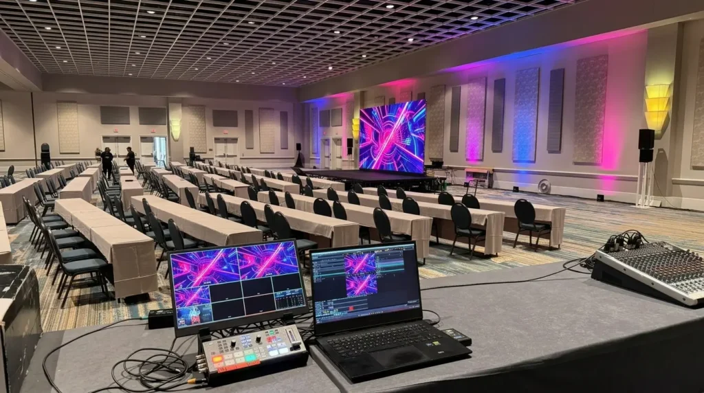 LED video wall with live video switching and production equipment at an Orlando conference