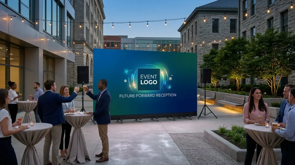 Outdoor LED video wall displaying event branding at a corporate reception in Orlando