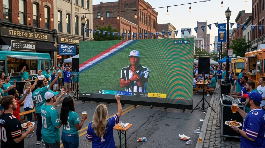 Outdoor LED video wall showing a football game at an Orlando watch party