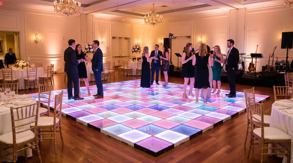Guests enjoying an LED dance floor rental at a private event in Orlando