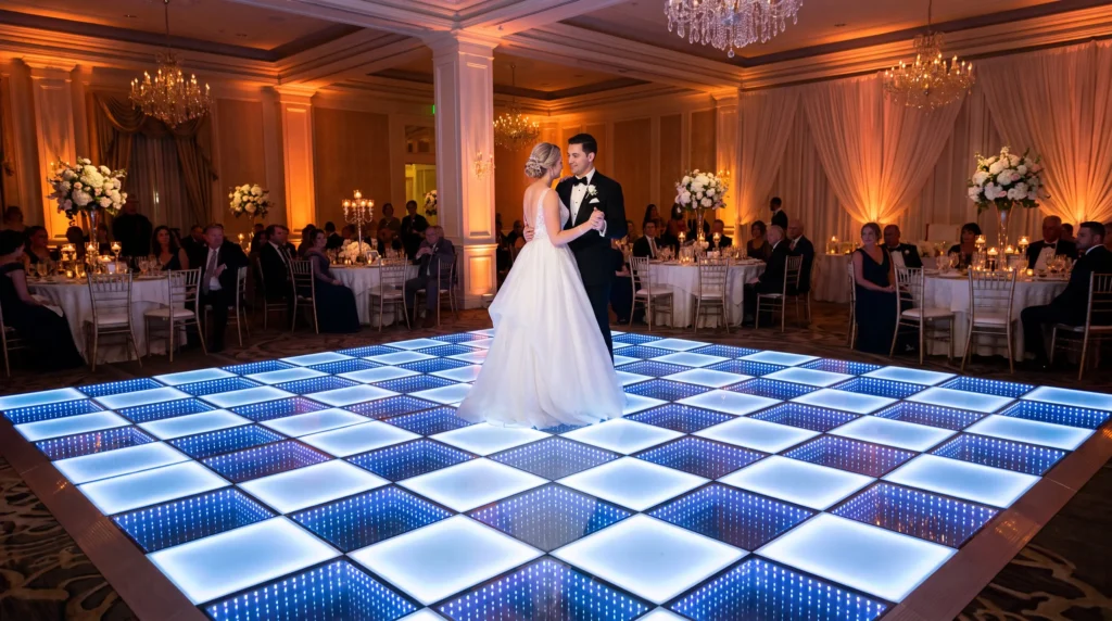 Bride and groom sharing their first dance on an LED dance floor in Orlando