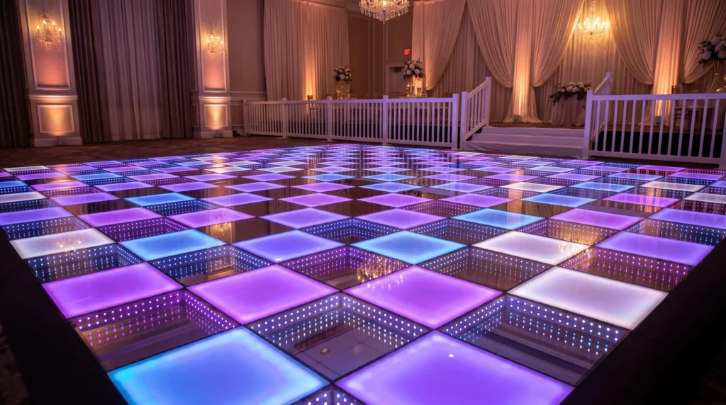 Elegant wedding ballroom with LED dance floor rental in Orlando